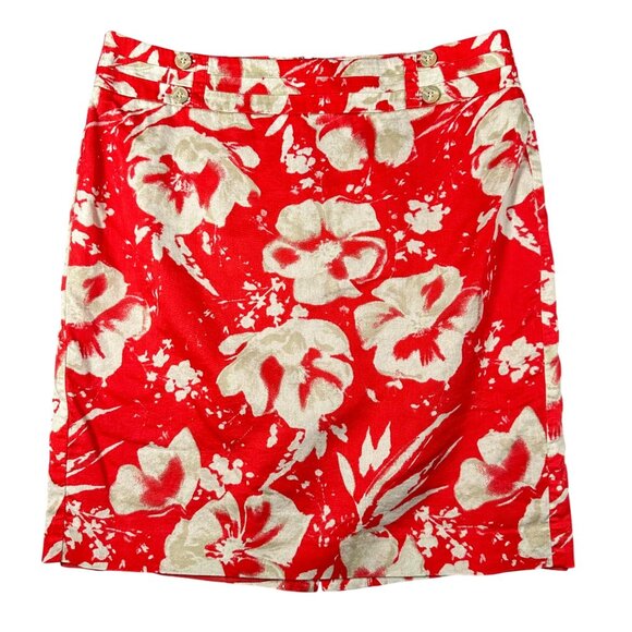 LOFT Outlet Womens 6 Red Floral Cotton Skirt Lined Above Knee Slit Back Zip - Picture 1 of 7